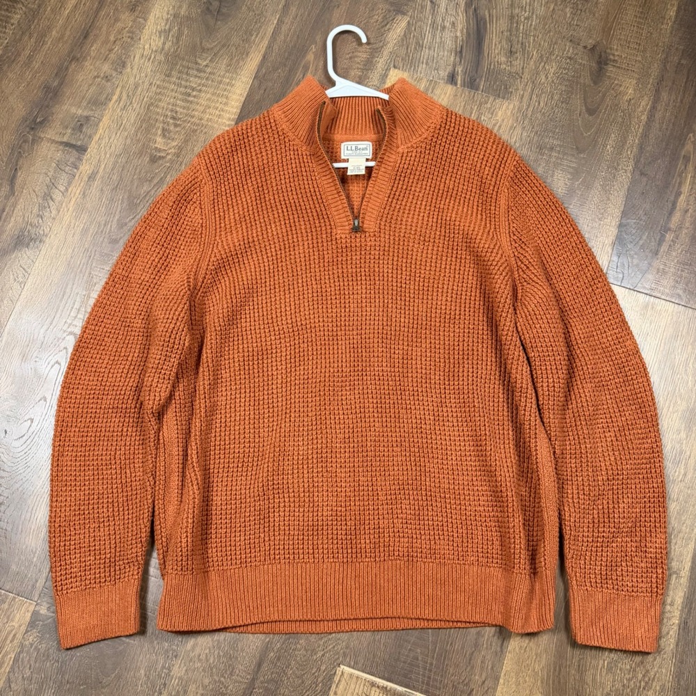 Vintage L.L.Bean Men's XL Orange Organic Cotton Waffle Knit 1/4 Zip YKK